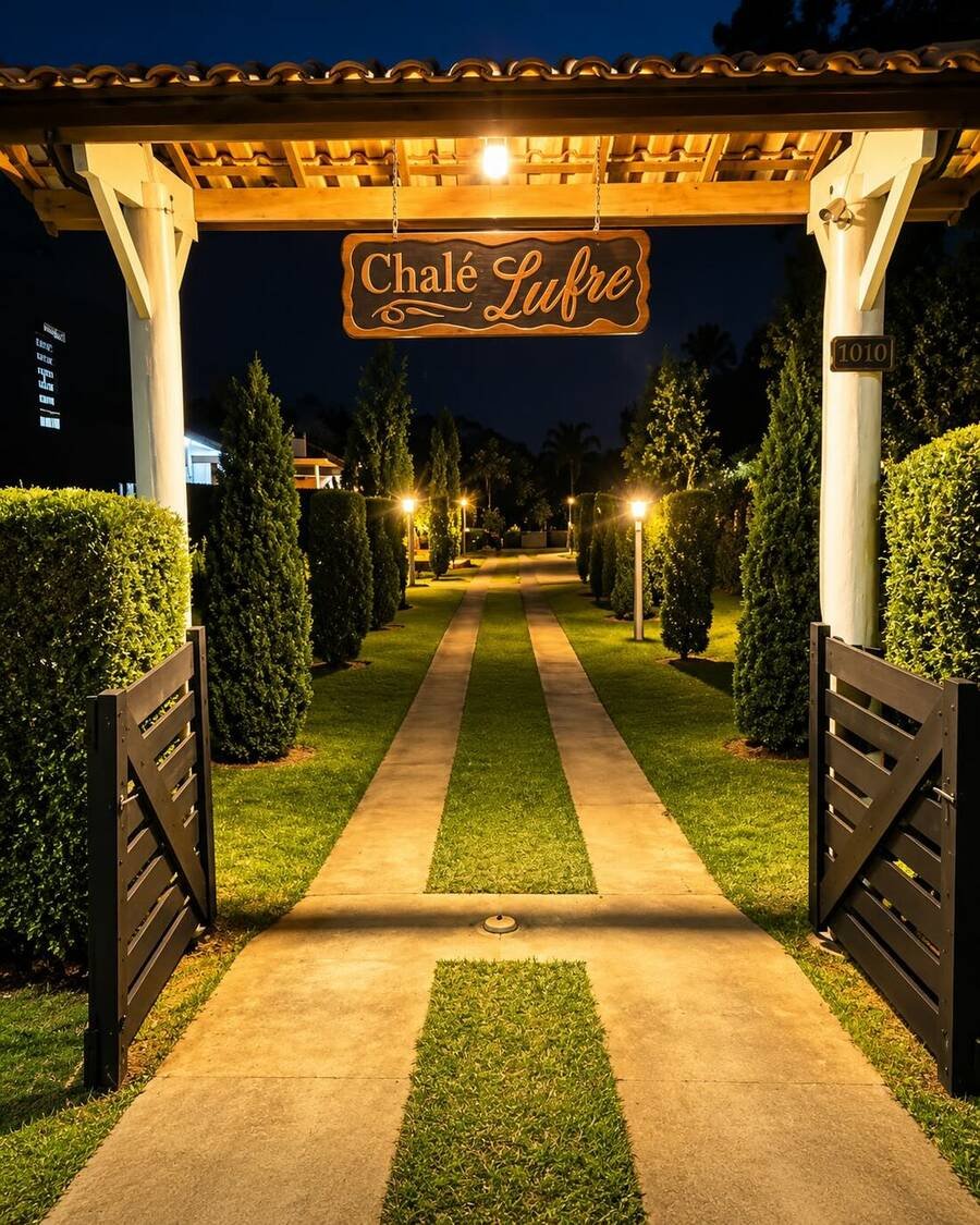Portal de entrada do Chalé Lufre com caminho iluminado