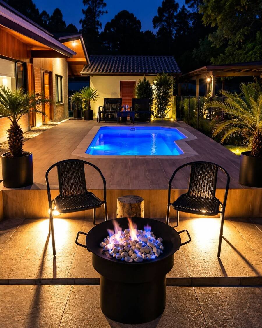 Fogo ao lado da piscina à noite