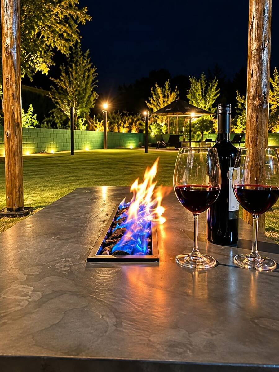Mesa com fogo e taças de vinho